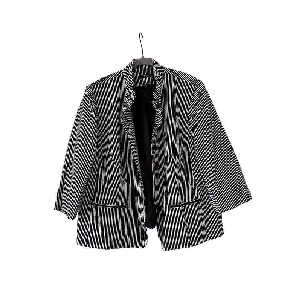 Chaps Womens 18W Black White Striped Cotton Blazer Jacket Plus Size Button - Picture 2 of 13